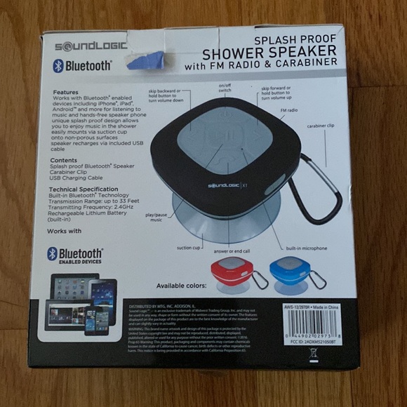 New Soundlogic Bluetooth Splash Proof Shower Speaker with FM Radio & Carabiner - Picture 2 of 4